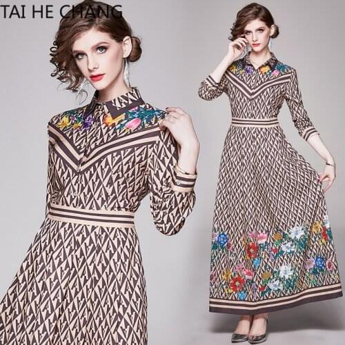 Women Dress New Fashion Retro Spring Summer Elegant Slim Bodycon Vintage Party Runway Print Shirt Office Work Maxi Dresses 0509