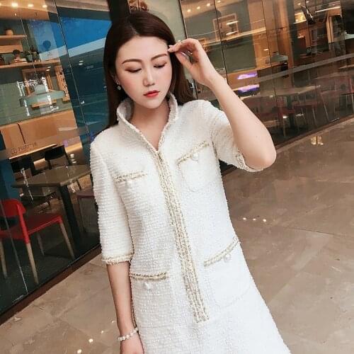 2019 Summer Fall Women Sweet White Stand Collar Tweed Dresses Short Sleeve Pearls Pockets Celebrity Slim Mini Dress Y313