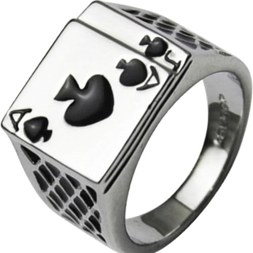 1 Pcs Ajojewel Classic Cool Mens Jewelry Chunky Black Enamel Spades Poker Ring Men Gold-color