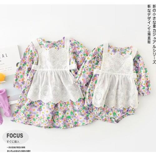 2021 Baby Clothing Matching Big Sister Little Sister Outfits Cotton Floral Print 2pcs Set Infant Girls Romper Todder Girls Dress