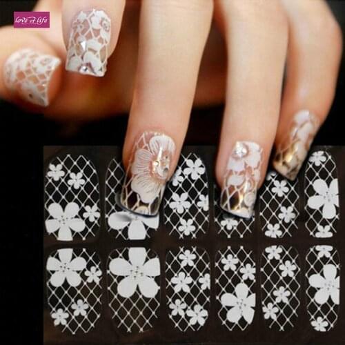 3D White Transparent Lace Bride Nail Rhinestone Nail Art Stickers,16Designs,Sexy Diamond Flower Nail Wraps Polish Decals