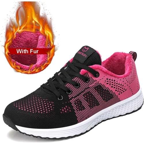 Baideng With Fur Women Sports Shoes Black Rose Winter Lightweight Sneakers Warm Snow Outdoors Female Running Shoes Soft Walking