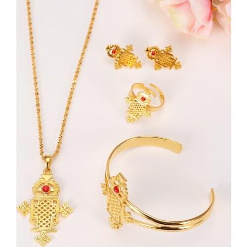 Bangrui 2017 Ethiopian Cross Jewelry sets Pendant Chain/Earrings/Ring/Bangle Gold Color & Copper Africa Eritrea Crosses sets