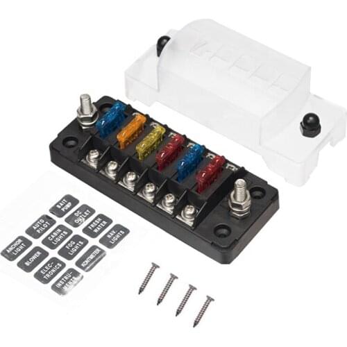 6-Way Fuse Box with 12 Fuses 75A 32V DC 6 Circuit Blade Fuse Block Holder W/Negative Bus with Ground For Auto Boat Marine