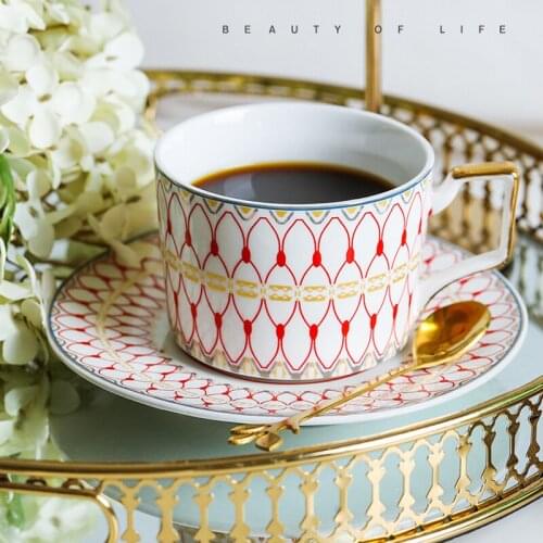British Luxury Moroccan Coffee Cup, Saucer and Spoon Set, with Gold Handel Ceramic Cappuccino Afternoon Tea Cup 200ml