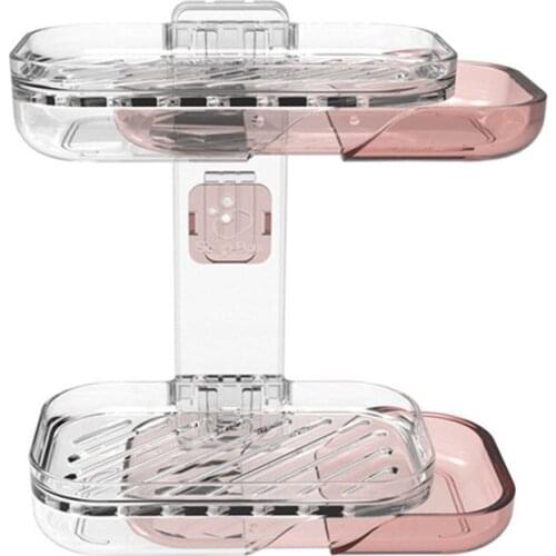 Transparent Laundry Soap Holder Case Wall Mounted Suction Cup Soap Dishes, Double Layer Bathroom Drain Soap Box Tray Shelf