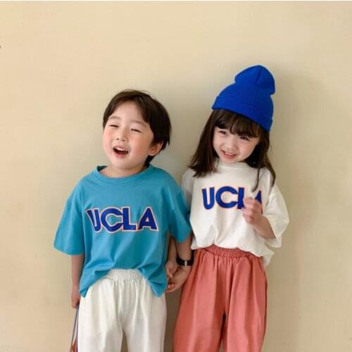 Childrens T-shirt 2021 Summer Baby Boys and Girls Korean Alphabet Short-sleeved T-shirts Childrens Brother and Sister Top Tees