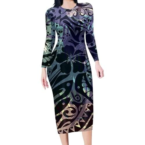 HYCOOL Casual Ladies Dress Polynesian Hawaiian Flower Leaves Print Fashion Trendy Sexy Long Sleeve Clothes 2020 Latest Design