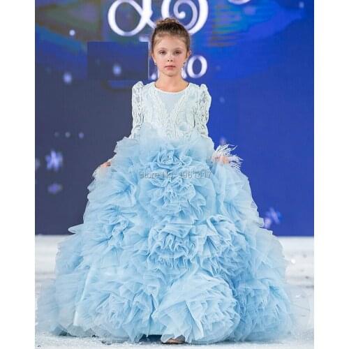 2020 New Lace Tulle Ball Gown Flower Girl Dresses for wedding Full Long Sleeves Communion dresses vestido GLF0079