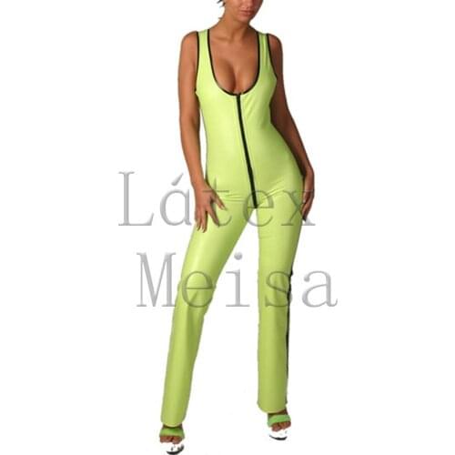 Handmade low breast latex suit girl bondaged with back lace-up main in green with black trim colors