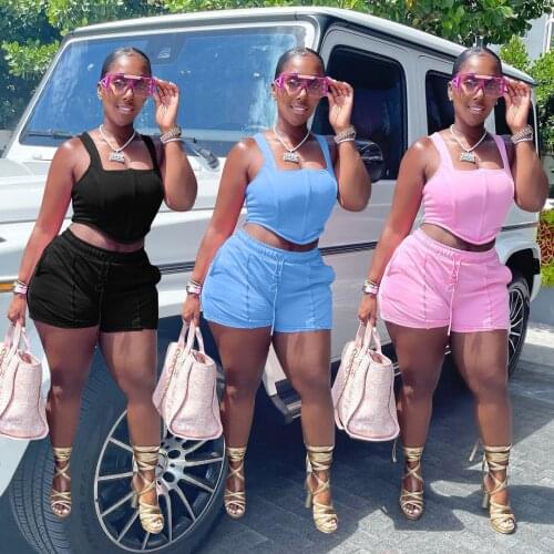 Summer Streetwear Backless Grommet Bandage Short Tracksuit Women Sexy Lace Up Crop Top + Drawstring Biker Shorts Two Piece Set