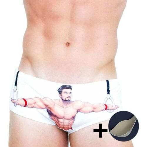 Mens New Fashion Muscle Mens Ring Printing Swimming Suits Sponge Pad Cups Push Up Hot Spring Swimming Briefs