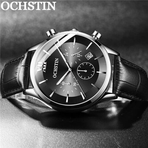 OCHSTIN Man WristWatch Chronograph Auto Date Sport Men Watch Military Top Brand Luxury Black Genuine Leather New Male Clock 6129