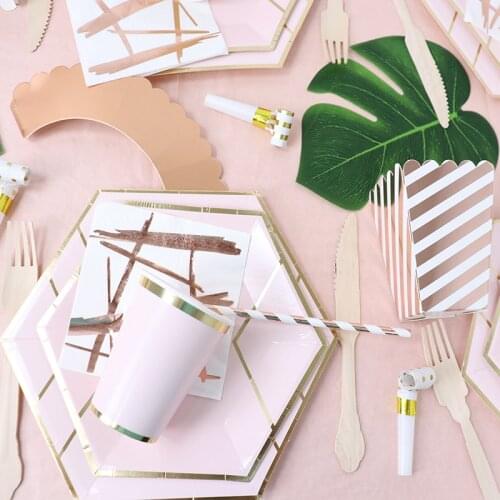 Rose Gold Party Disposable Tableware Champagne Cup Plate Straws 1st Birthday Wedding Party Decor Kids Baby Shower Party Supplies