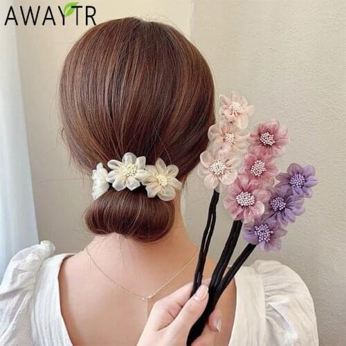 New Women Elegant Bud Chiffon Flowers Bun Maruko Hairstyles Making Long Tools Sweet Headband Hairbands Fashion Hair Accessories