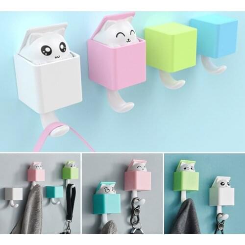 Cute Cat Decorative Hooks Key Holder Wall Mounted Adhesive Coat Hanger Hat Rack Sundries Organizer Household Accessories