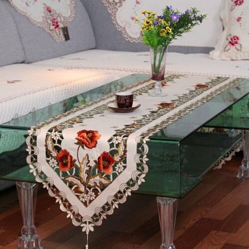RAYUAN Vintage Embroidered Peony Satin Fabric Cutwork Wedding Banquet Table Runner Dresser Scarf Home Hotel Decor 4 Size