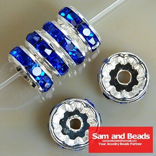 Top quality ! Crystal Rhinestone Rondelle Spacer Beads Silver Free Shipping 100Pcs Wholesale Sapphire