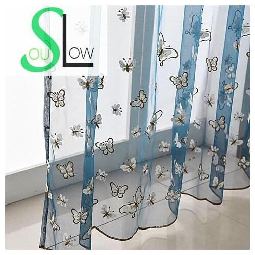 Slow Soul Blue Butterfly Embroidered Curtain Bedroom Pastoral Curtains Cortinas For Living Room Cortina Kitchen Tulle Sheer