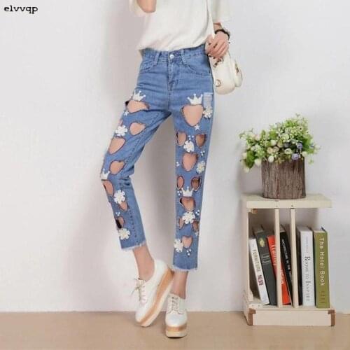 Women Jeans Woman Slim Pants 2021 New Ripped Hole Jeans Women Button High Waist Pocket Hole Jeans Trousers Slim Denim Pants