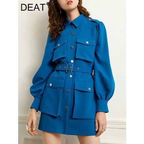 DEAT Women Blue Pockets Lace Single Breasted Dress New Stand Neck Long Lantern Sleeve Slim Fit Fashion Tide Summer 2021 7E1786