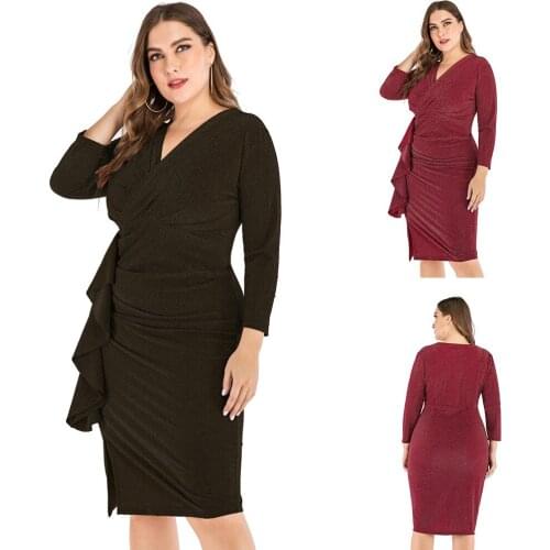 Ladies 2021 Fall Womens Long Sleeve XL Dress Sexy V-neck Slim Black Skirt Temperament Commuter Elegant Party Ladies Dress 3XL 4
