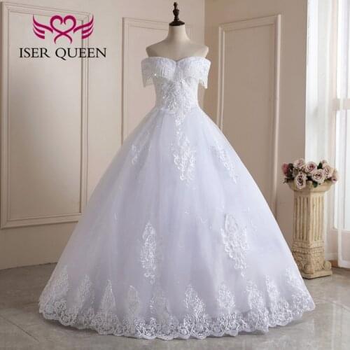 Pretty Crystal Beaded Tassel Off Shoulder Wedding Dress 2021 New Embroidery Lace Appliques White Bride Dress Ball Gown WX0225