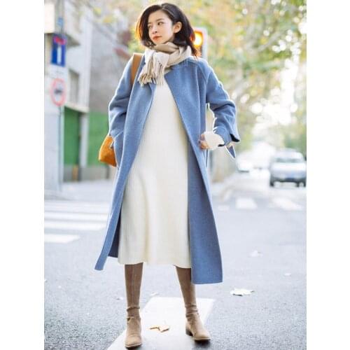 2021 autumn and winter haze blue double-sided cashmere coat womens thickened medium length loose and thin lace up tweed coat