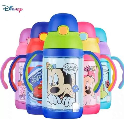 350ML Disney Baby New Original Dual-purpose Cartoon Plastic Childrens Leakproof Portable Straw Water Bottle Mickey Strap Cup
