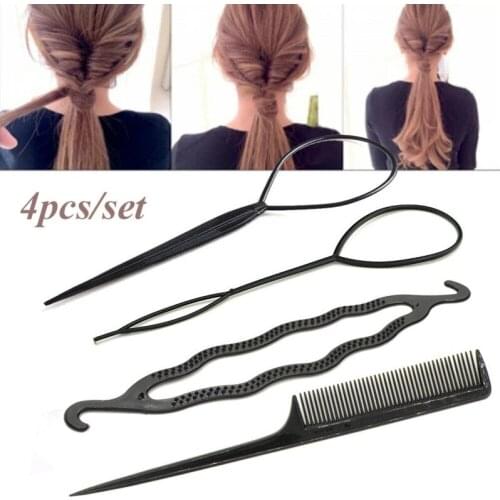 4pcs Black Topsy Tail Hair Braid Ponytail Maker Hair Styling Tools Ponytail Creator Plastic Loop Hair Accessories For Women Girl