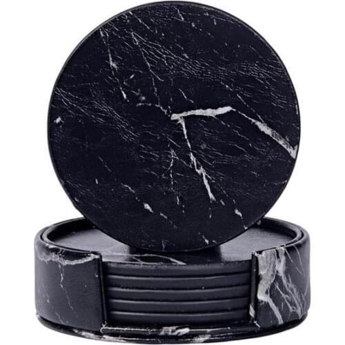6pcs Premium PU Leather Coaster Round Marble Table Coffee Cup Placemats Heat Resistant Drink Tea Coaster with Holder posavasos