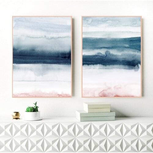 Navy Blue Blush Pink Watercolor Painting Canvas Prints Modern Abstract Posters Nordic Style Wall Art Pictures Living Room Decor