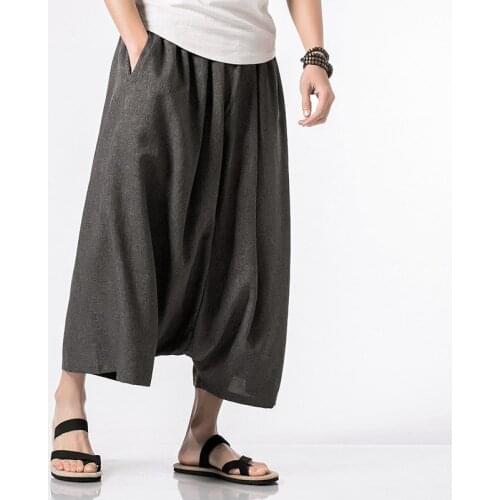 Summer Men Sweatpants Linen Harem Wode Leg Loose Yoga Pant Baggy Running Jogger Fitness Casual Crotch Pant Slacks Sportswear