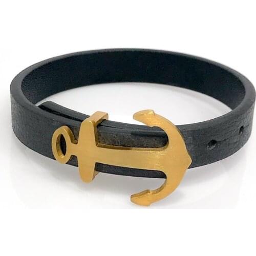 Black Leather Genuine Steel Anchor Male Bracelet