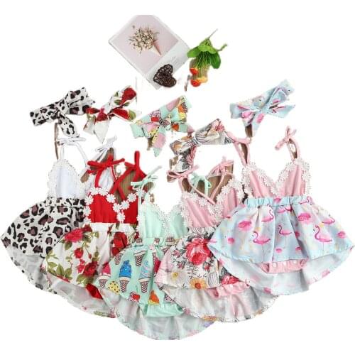 Childrens Clothes Newborn Infant Baby Girls Summer Clothes Floral Dress Lace Sleeveless Romper Flamingo Leopard Skirts Outfits