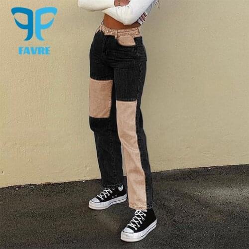 FAVRE Patchwork Fashion Cargo Jeans Women High Waist Buttons Fly Streetwear Straight Pants 90s Retro Punk Straight Denim Pants