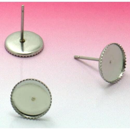 20pcs, Stainless steel 10mm Stud Earring Blank with Teeth edge Setting Tray for Cameo Cabochons Jewelry accessories wholesale
