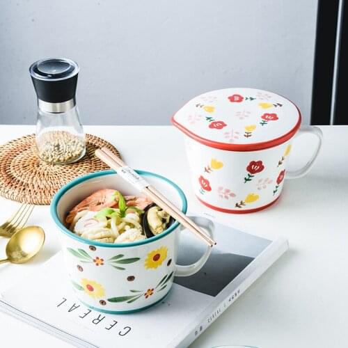 Japanese Style Student Single Ceramic Bowl with Handle and Cover La Noodle Bowl Portable Tableware for Dormitory