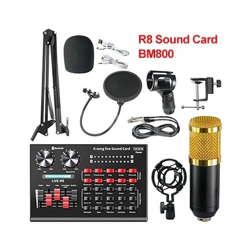 Bm 800 Microphone studio R8 Sound Card Kits bm800 Condenser Microphone for PC Computer Phone Karaoke Singing Gaming Mic Stand