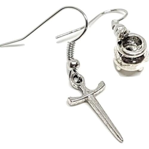 Silver plated Witchy Athame Dagger Earrings Gothic Drop Dangle Hook Earrings Pagan Witch Boho Asymmetrical Earrings