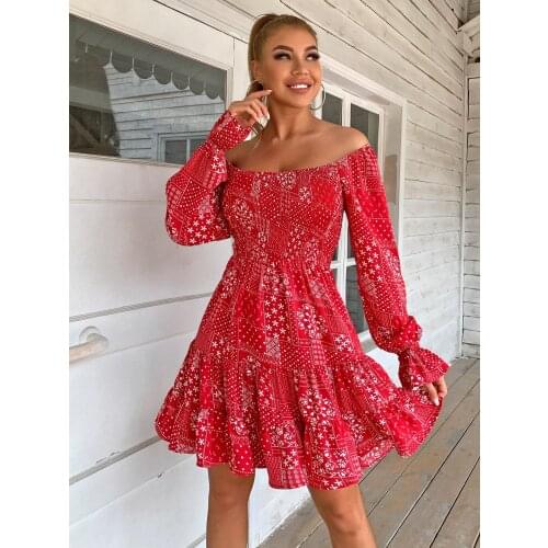 Floral Printed Puff Long Sleeve Womens Sexy One-Line Neck Party Elegant Sweet Summer Club A-Line Dress