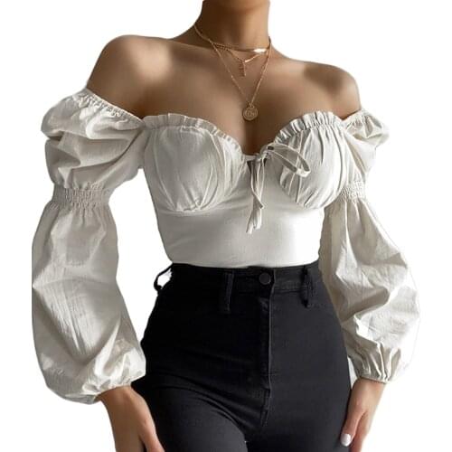 Sexy Elegant Puff Sleeve Tops 2021 Fashion Women Long Sleeve Lace Up V Neck Slim Fit Crop Top Holiday Casual Solid T-Shirt Tee