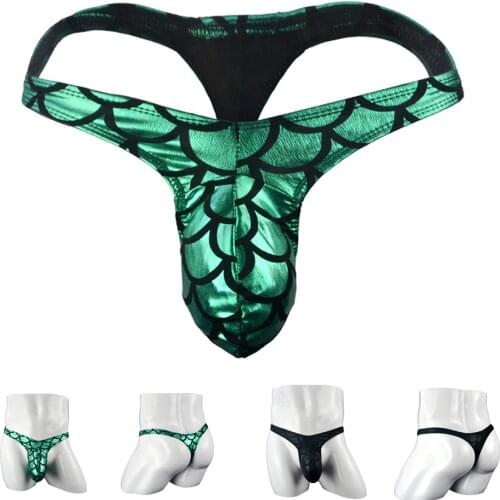 Mens low waist sexy mens panties fish scale design faux leather small thong and g-string Underwear bikini thong ZJH865t