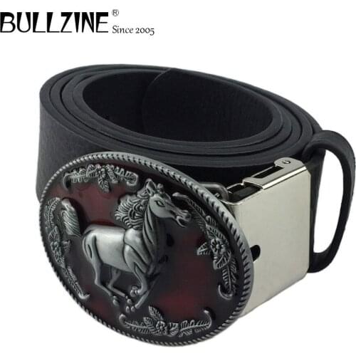 The Bullzine western horse belt buckle with pewter finish with PU belt with connecting clasp FP-02384 drop shipping