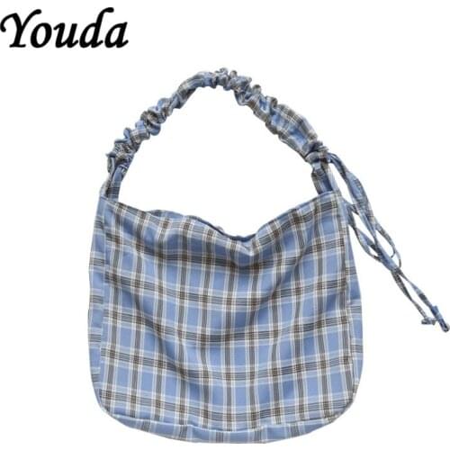 Youda Ladies Fashion Checkered Large Square Bag Korean Version Multifunctional Folds One-shoulder Diagonal Canvas Student Bag