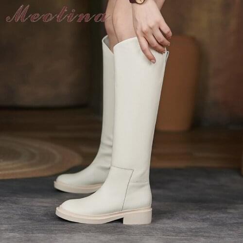 Meotina Women Genuine Leather Westren Boots Round Toe Thick Heel Knee High Boots Ladies High Heel Boots Autumn Winter Black