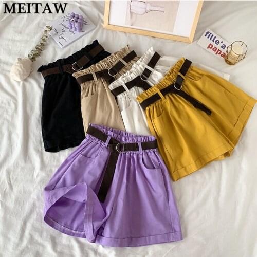 Women High Waist Shorts With Belt Summer Loose Cotton Shorts Korean Sweet Girls Shorts 2021 Casual Solid Wide Leg Shorts