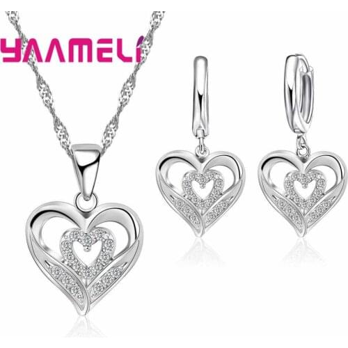 Romantic Style Double Love Shape Valentines Day Wedding Souvenir 925 Sterling Silver For Women Necklace Earrings Set
