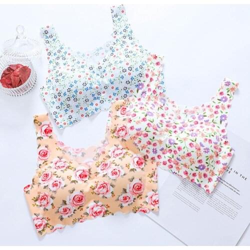Women Non-marking Underwear Sport Top Padded Bra Ice Silk Fashion Printed Beauty Back Bra Vest Comfortable Breathable Vest
