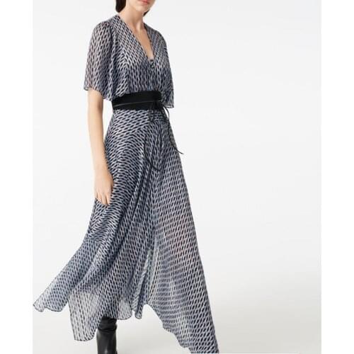 QUALITY Newest HIGH Paris Fashion 2021 Runway Dress Womens Short Sleeve V-neck Smocked Waist Asymmerical Dress